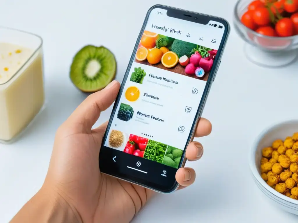 Interfaz de app para recetas fit saludables con diseño vibrante de frutas, verduras y granos enteros en smartphone moderno