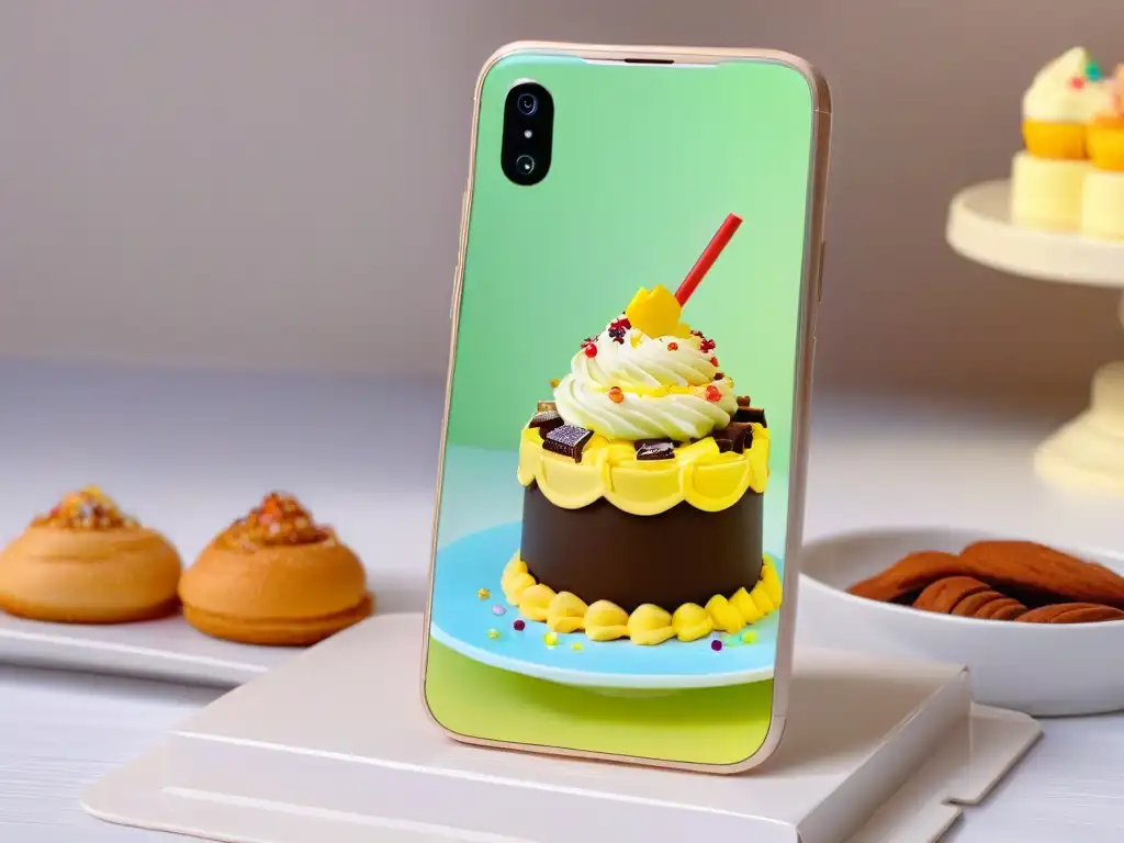 Interfaz de aplicación de diseño de postres divertida y detallada en smartphone moderno en cocina pastel borrosa