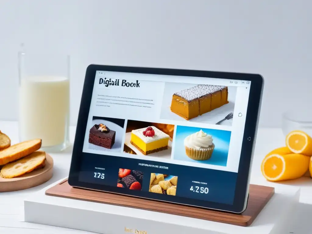 Interfaz de libro de recetas digital con postres vibrantes