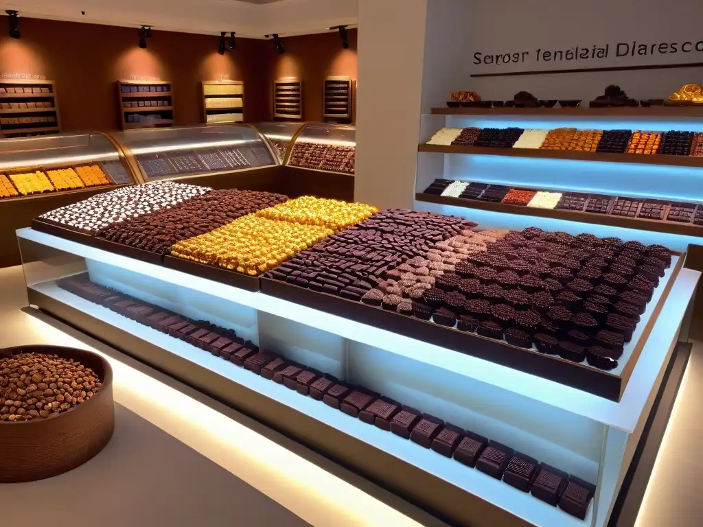 Interior elegante de tienda de chocolate belga con exquisitas creaciones en vitrinas bajo cálida iluminación