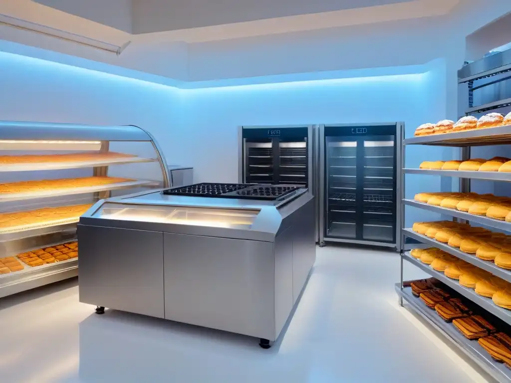 Interior futurista de panadería con tecnología avanzada y repostería innovadora