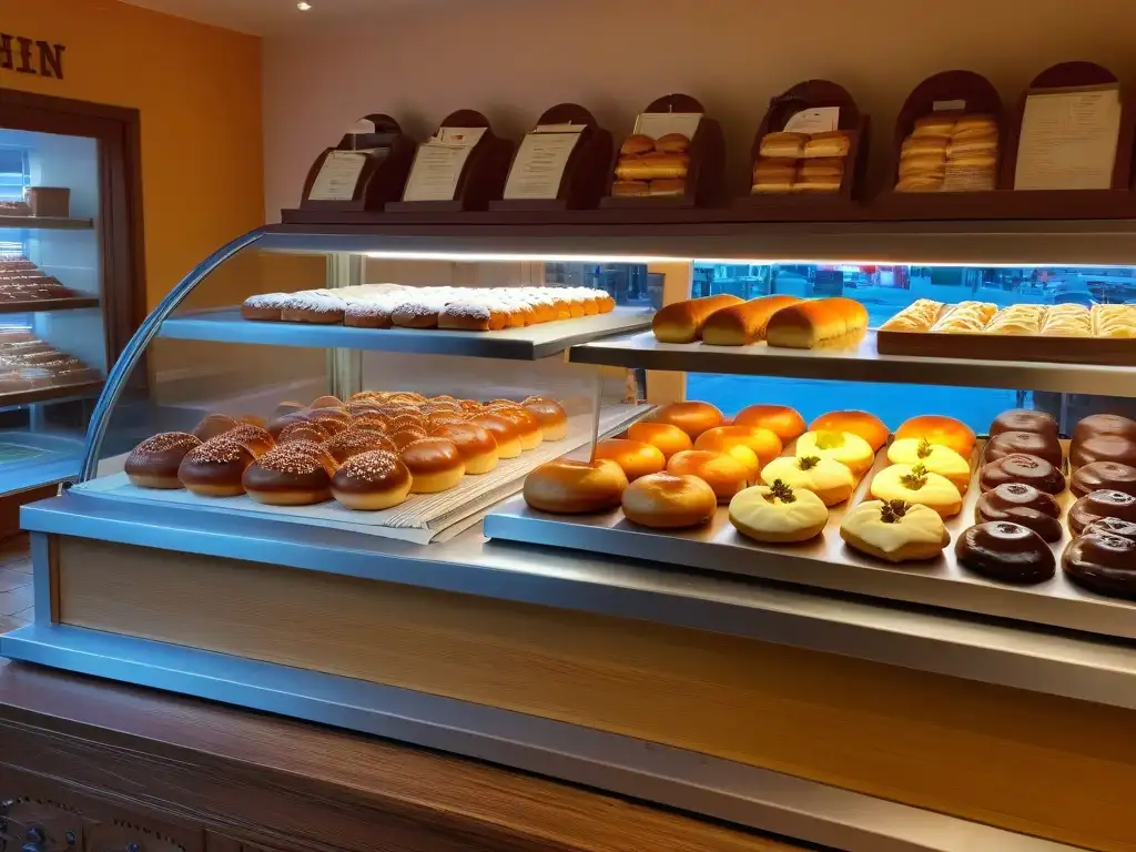 Interior de panadería polaca tradicional con ambiente sereno, mostrando Pączki frescos y artesano preparándolos