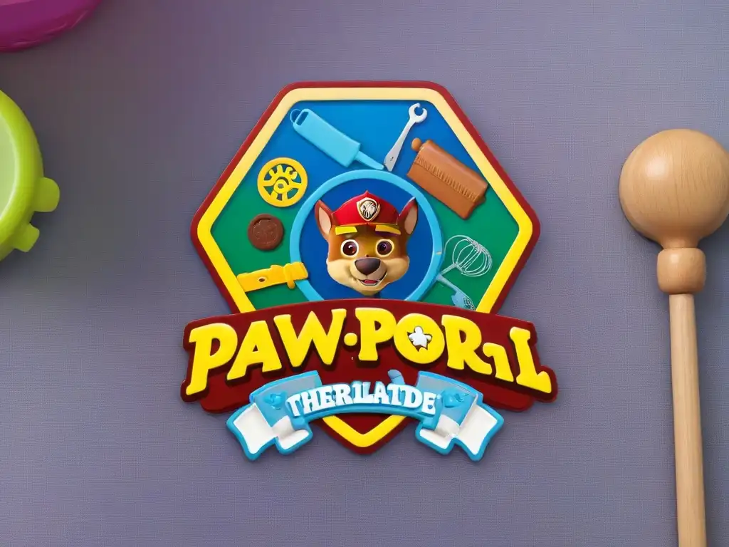 Intrincado logo de Paw Patrol fusionado con utensilios de repostería, en un diseño minimalista en blanco y negro