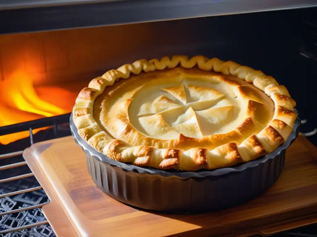 Una irresistible y dorada corteza de pastel recién horneada, con mantequilla derretida, emitiendo un reconfortante calor
