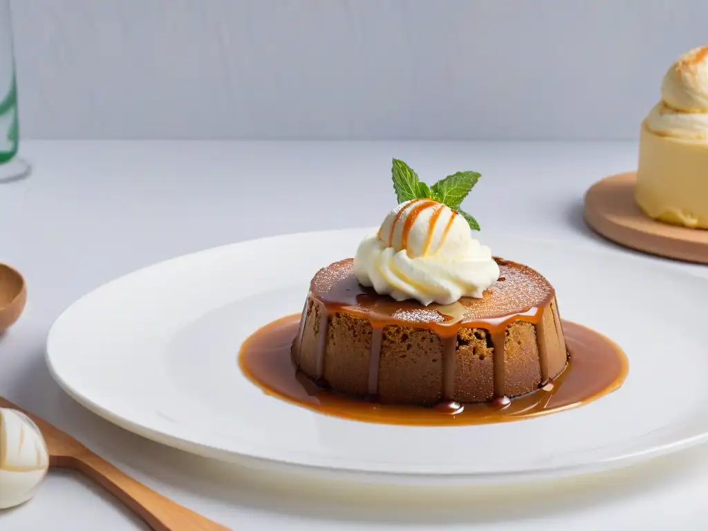 Irresistible postre sudafricano: Malva Pudding con helado de vainilla, salsa de caramelo y hoja de menta fresca en un plato blanco moderno