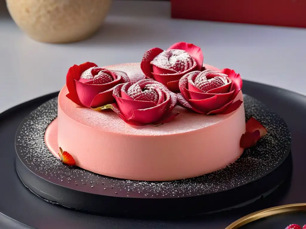 Un Ispahan macaron de Pierre Hermé, obra maestra de la pastelería de arte con ganache de pétalos de rosa, lichi y frambuesa, acabado en oro comestible