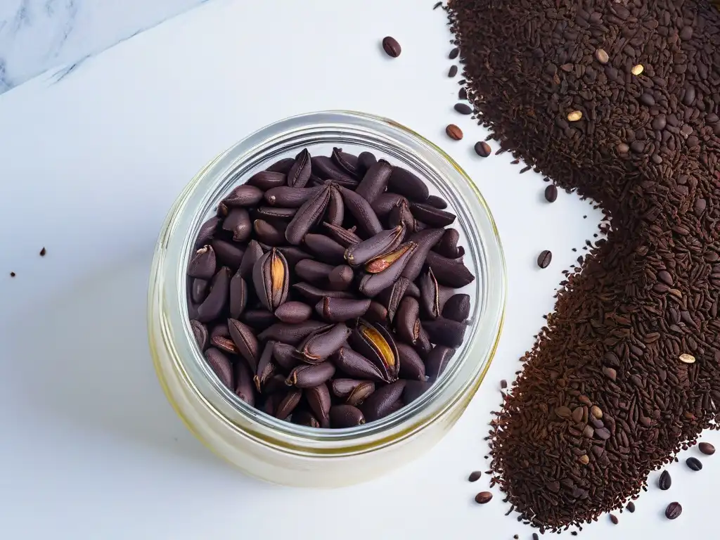 Jarra de vidrio con vainas de vainilla fresca y vibrante en fondo de mármol blanco, para extractos caseros veganos repostería