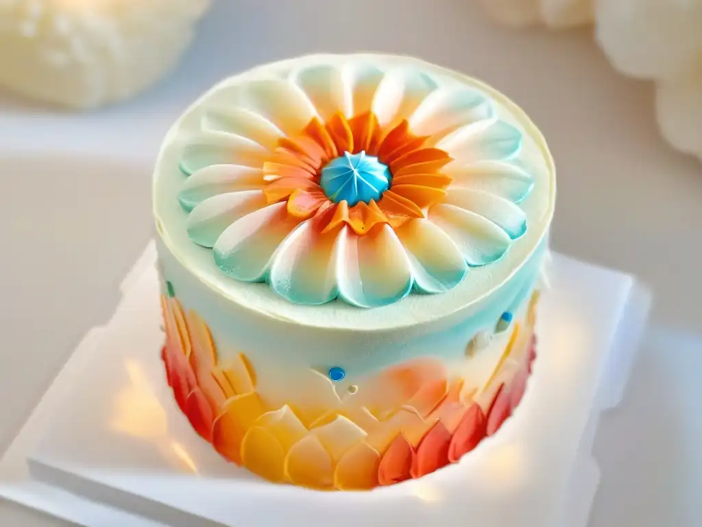 Una joya comestible de isomalt, brillante y cautivadora, adorna un pastel blanco impecable, reflejando luces y colores