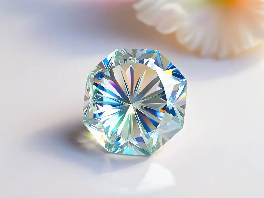 Una joya comestible de isomalt, brilla como un diamante con destellos de arcoíris en una superficie elegante