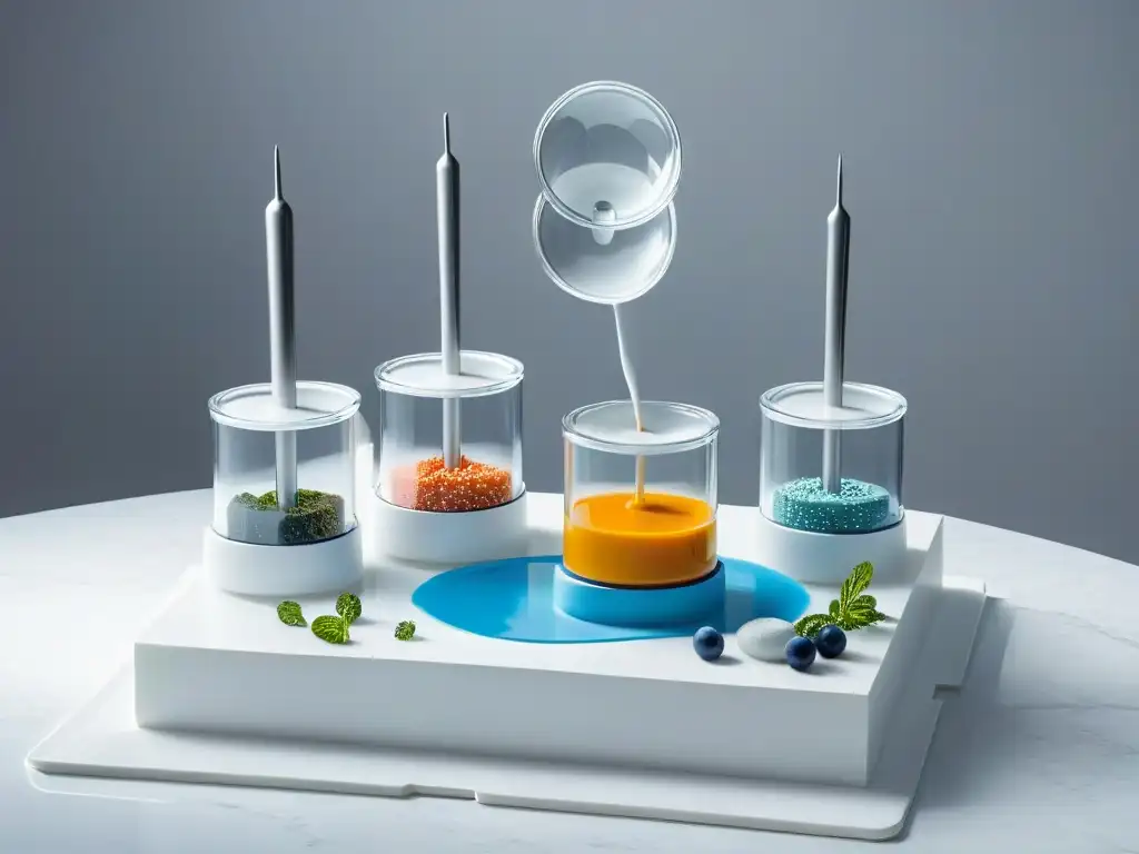 Kit de gastronomía molecular futurista en mármol blanco con utensilios repostería molecular imprescindibles, elegancia y precisión