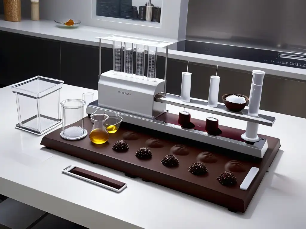 Un kit de técnicas moleculares en repostería de chocolate con herramientas precisas y moldes intrincados en una encimera blanca impecable