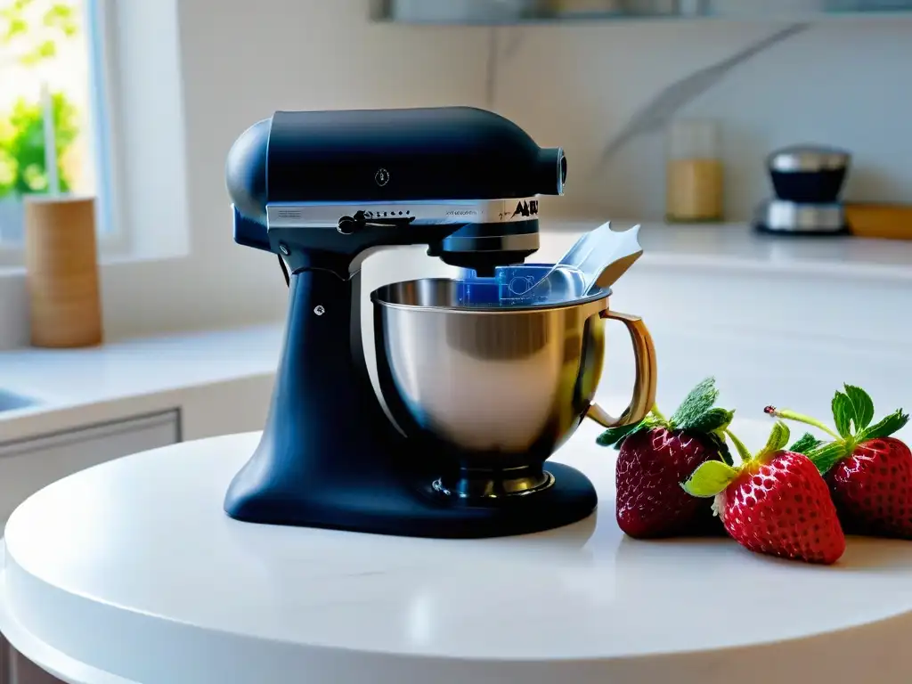 Un KitchenAid negro con detalles de superhéroes, rodeado de ingredientes frescos en una cocina moderna