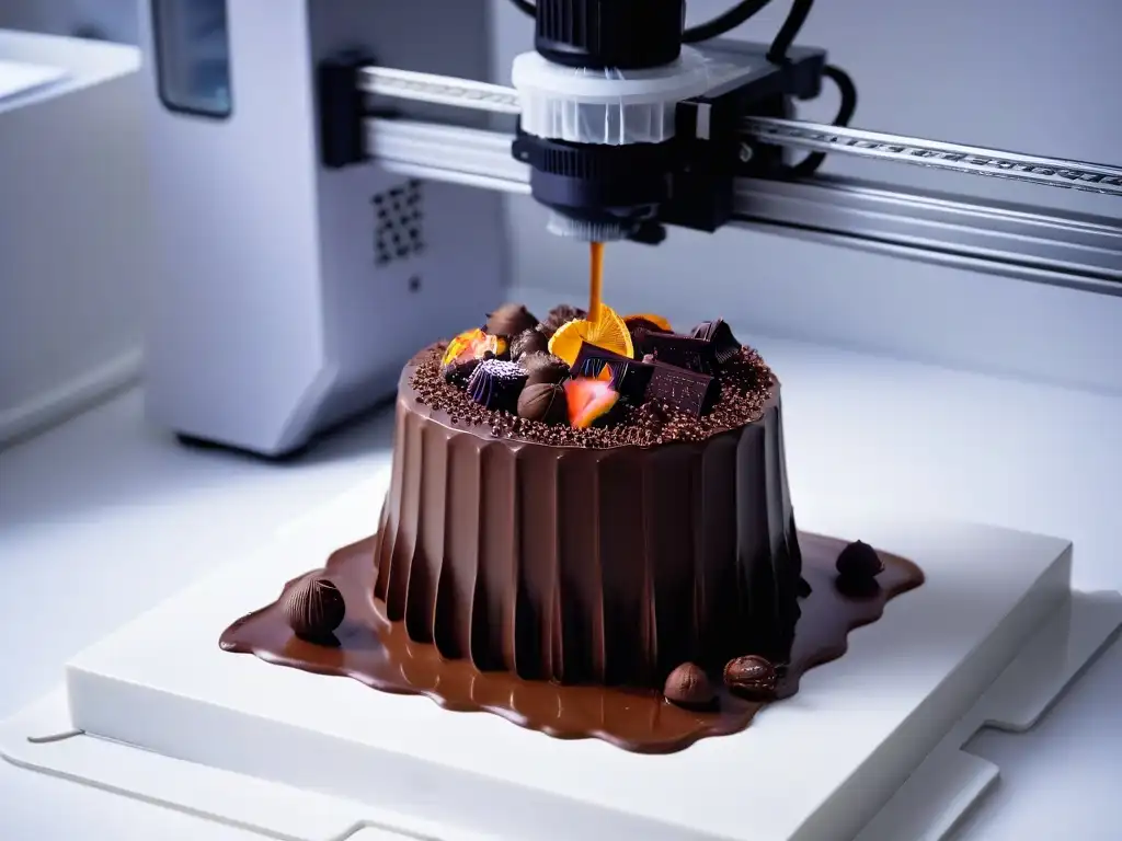 Esculturas de chocolate en 3D: Arte y Precisión en Laboratorio Blanco Un laboratorio blanco impecable donde una moderna impresora 3D crea detalladas esculturas de chocolate