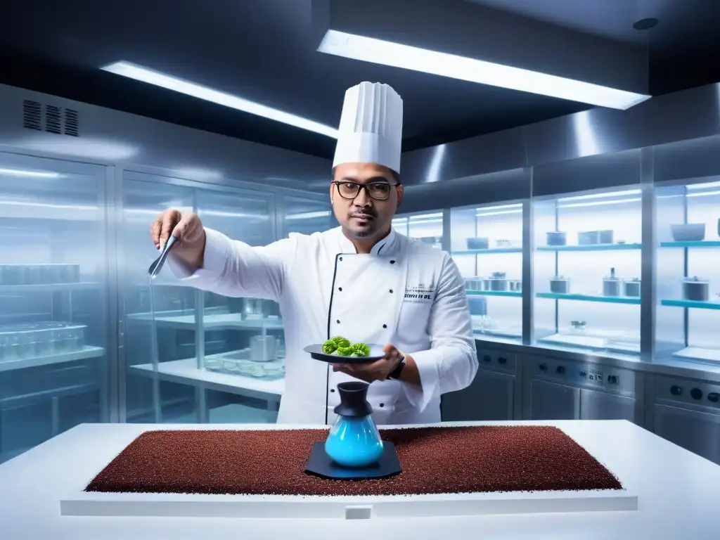 Lab de postres de lujo: chef innovando con técnicas de gastronomía molecular en un entorno moderno y futurista Un laboratorio de postres de lujo con tecnología futurista, chef experimentando con técnicas de gastronomía molecular