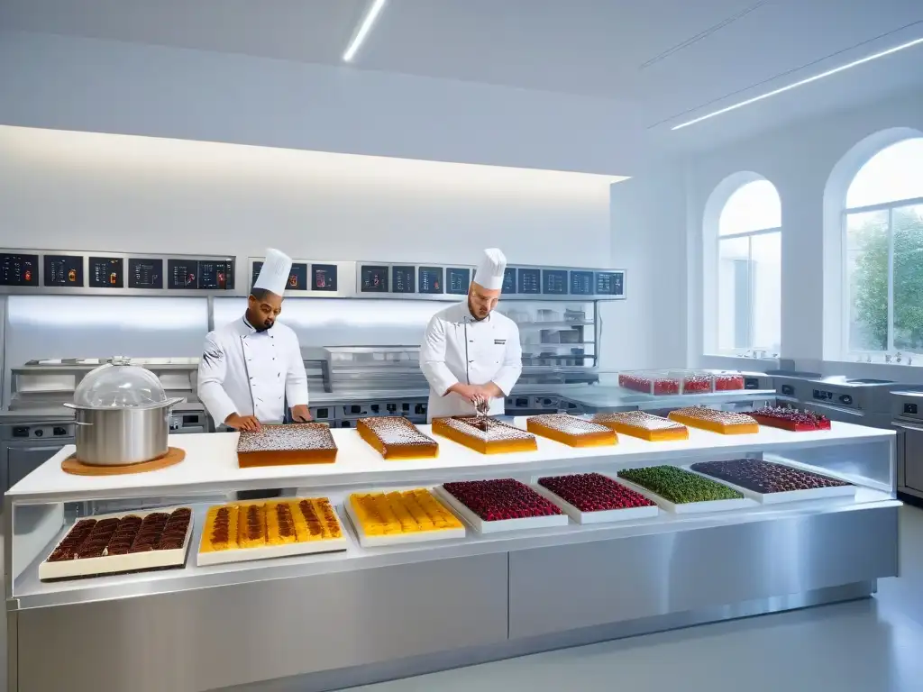 Laboratorio de postres de lujo: fusión de tecnología y exquisitez gourmet Un laboratorio de postres de lujo con tecnología de vanguardia, chefs creando exquisiteces en un ambiente sereno y elegante