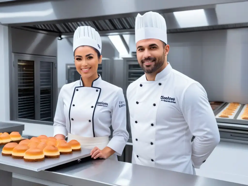 Cocina de panadería moderna: 8k detallado con chefs y maquinaria avanzada Un laboratorio de repostería moderno con chefs elaborando pasteles, fusionando técnicas portuguesas e innovaciones globales