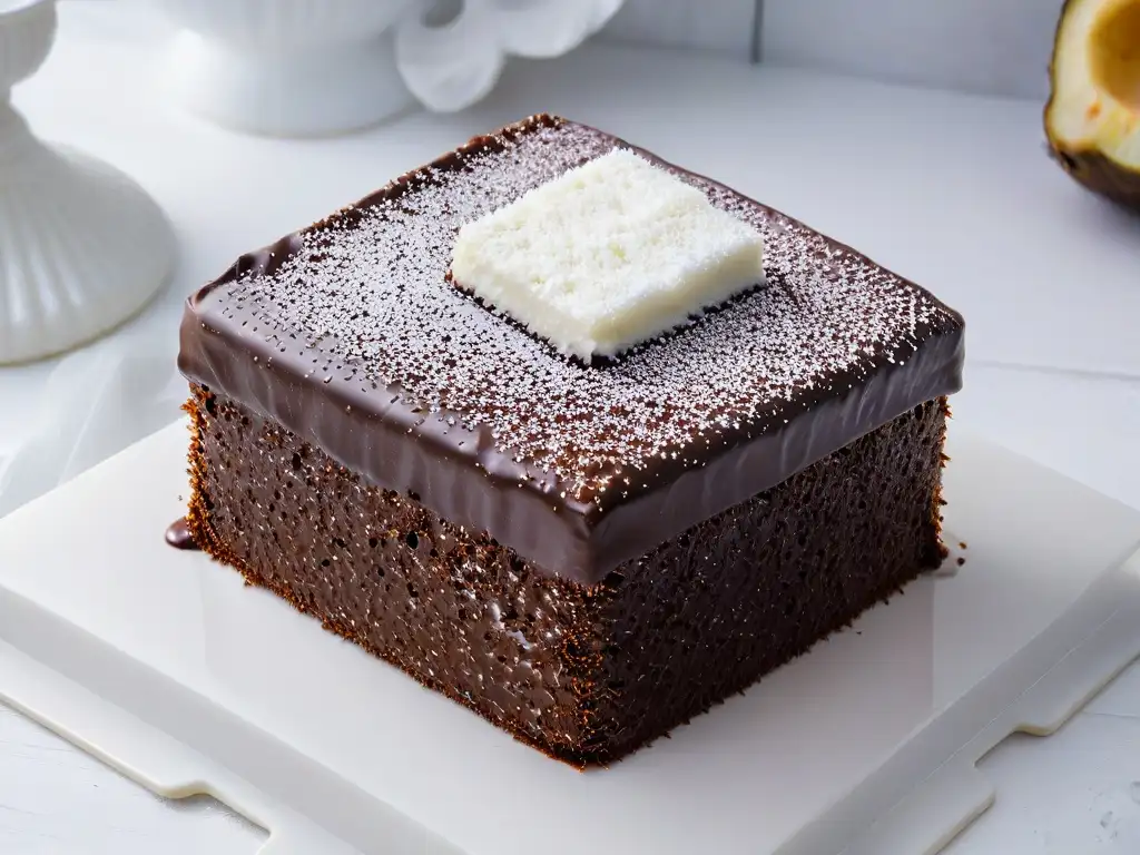 Delicioso Lamington recién horneado en encimera de mármol blanco Un Lamington casero perfecto, cubierto de chocolate y coco, listo para deleitar