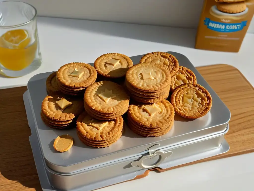 Una lata vintage de galletas Anzac recién horneadas, resaltando su textura dorada y aroma delicioso