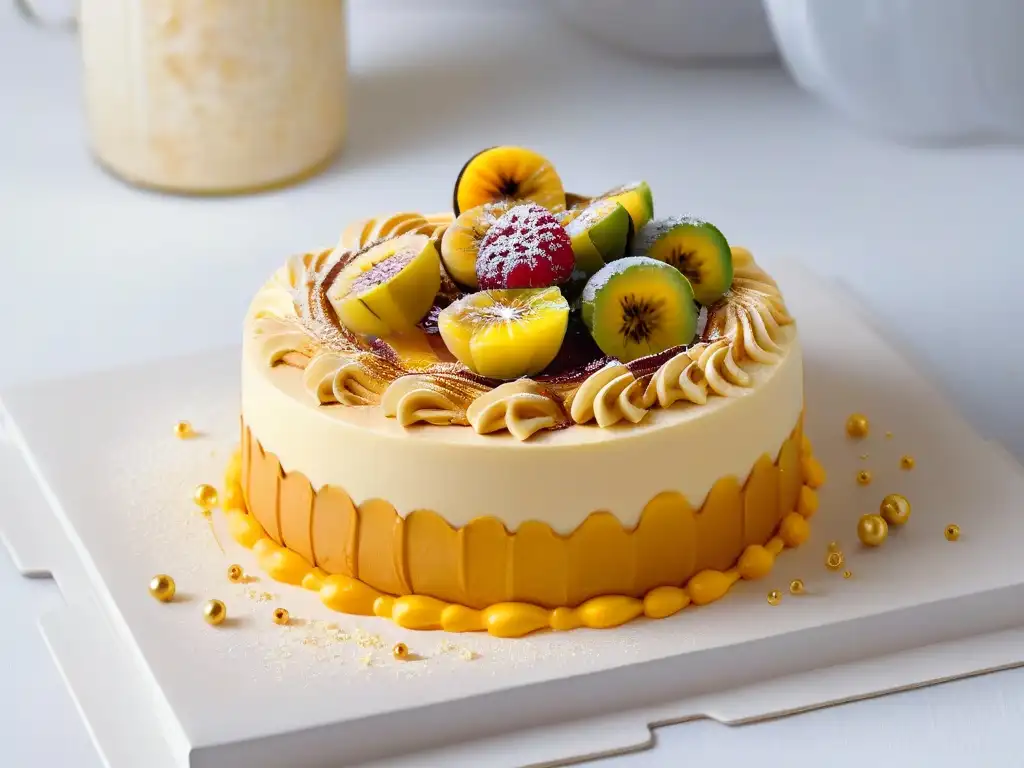 Pastel de dulce de leche con mousse de maracuyá: Arte dulce latino Fusión latinoamericana en repostería: un pastel delicado con capas de hojaldre y dulce de leche, con mousse de maracuyá y cubos de mango fresco
