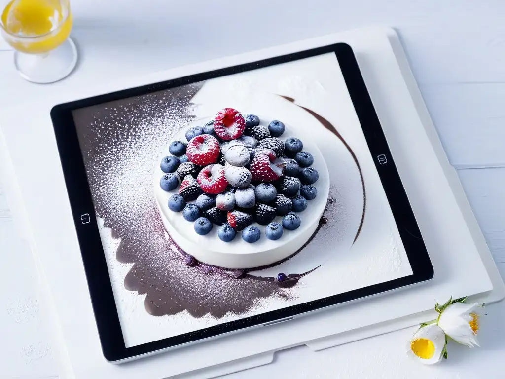 Crear libro recetas digital en elegante tablet con postres apetitosos y decoración creativa en mármol