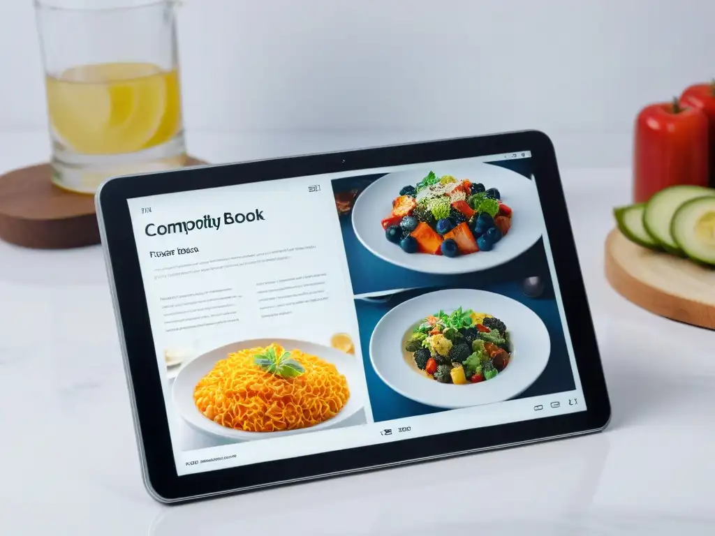 Crear libro recetas digital en tablet con diseño moderno y fotos vibrantes sobre mármol blanco iluminado