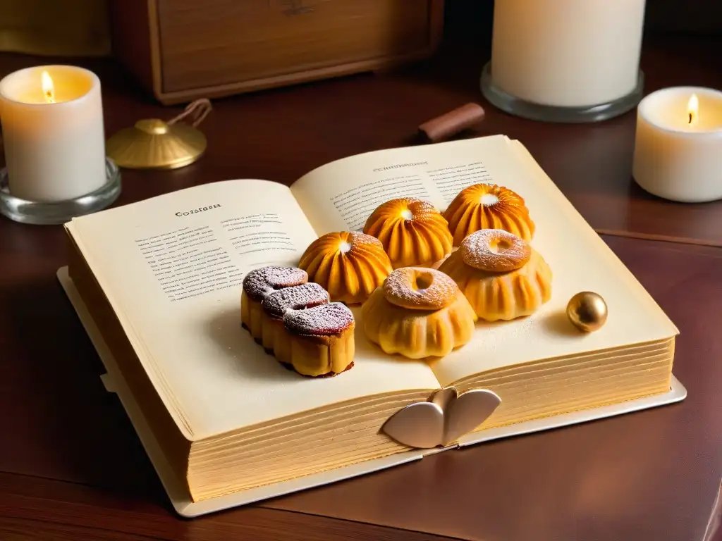 Un libro de repostería tradicional global, con ilustraciones detalladas de postres, sobre mesa de madera iluminada por una vela