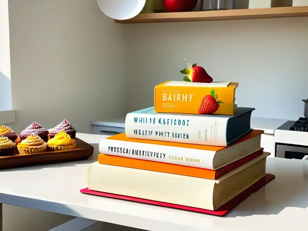 Libros de repostería saludable brillan en cocina blanca, creando armonía y tentación