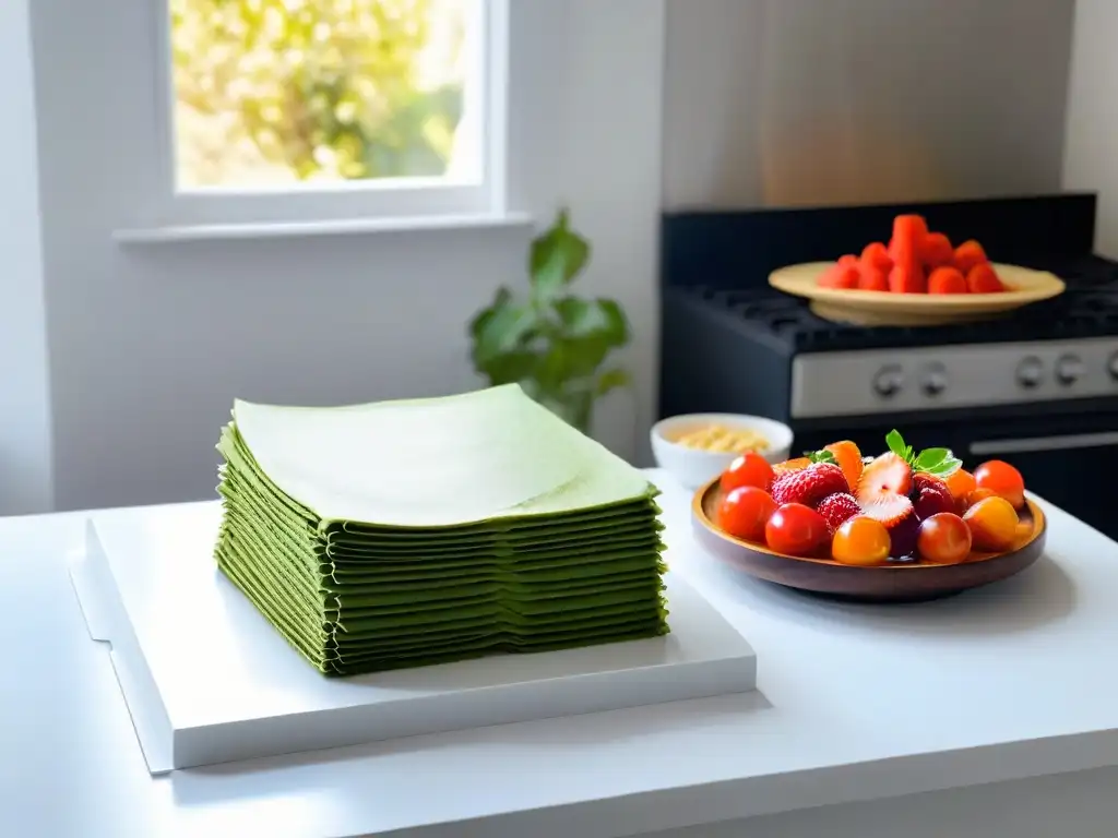 Libros de repostería saludable junto a frutas frescas en una cocina blanca y luminosa