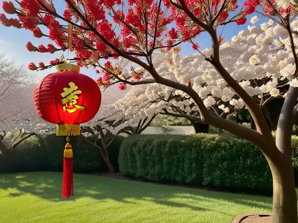 Linterna china roja y dorada junto a cerezo en flor Linterna roja y dorada colgando de un cerezo en flor, símbolo de suerte y prosperidad en Postres Año Nuevo Chino suerte