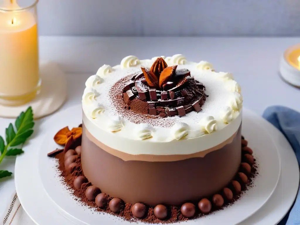 Una lluvia de cacao sobre un tiramisú en un plato redondo de vidrio, reflejando la historia del tiramisú italiano