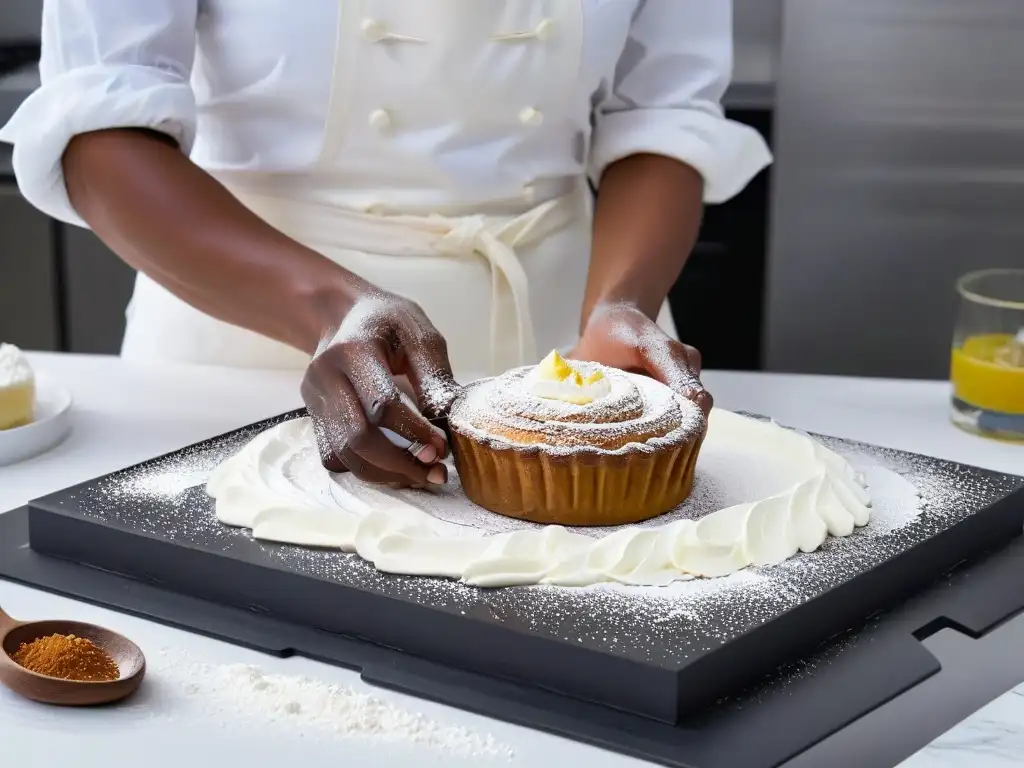 Reinvención de Lorraine Pascale en repostería: Detalle de manos expertas creando una delicada pastelería en un entorno moderno en blanco y negro