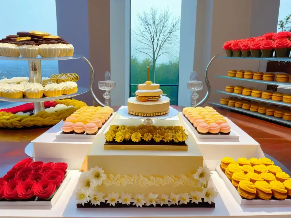 Una lujosa mesa de postres de cumpleaños impresionante, con exquisiteces y elegante decoración