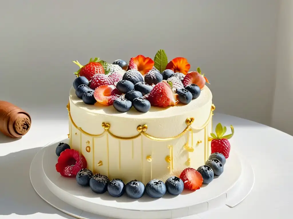 Pastel keto de tres niveles con berries y flores - Sofisticación y lujo Una lujosa repostería keto para ocasiones especiales: pastel de tres niveles decorado con frutas y flores comestibles