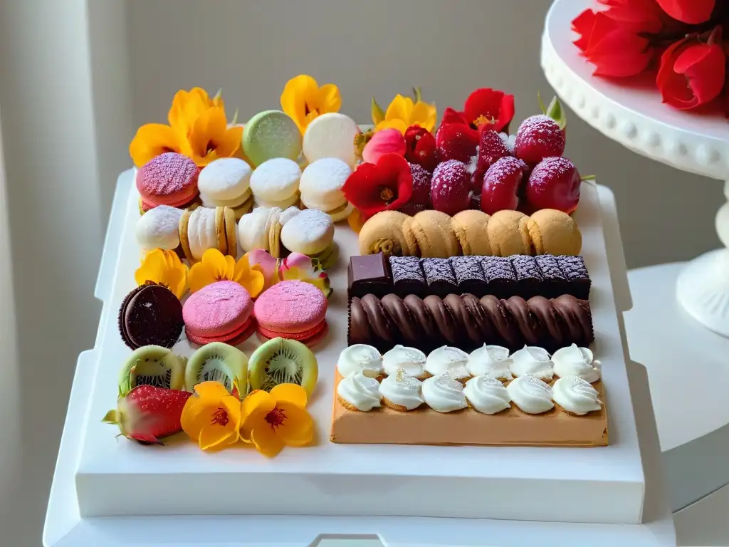 Una lujosa selección de snacks dulces sin gluten: macarons, tartas de frutas y trufas de chocolate, adornadas con flores comestibles y hojas de oro