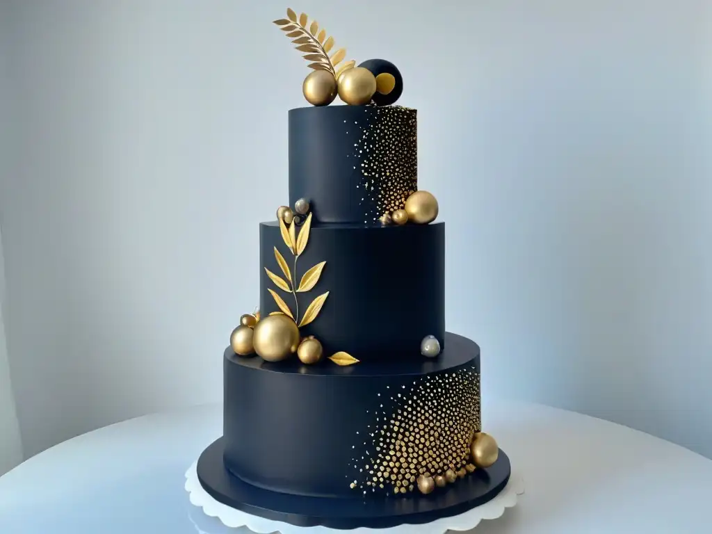 Una lujosa tarta de tres pisos en negro y dorado con diseños geométricos, detalles en hoja de oro sobre fondo blanco