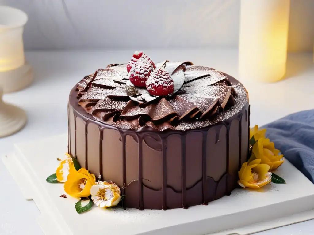 Una lujosa tarta vegana de chocolate con ganache, oro comestible y frambuesas, en mármol blanco