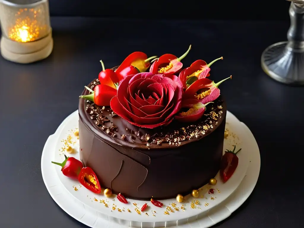 Una lujosa torta de chocolate con chiles rojos, hojuelas doradas y pétalos de rosa, en plato blanco moderno