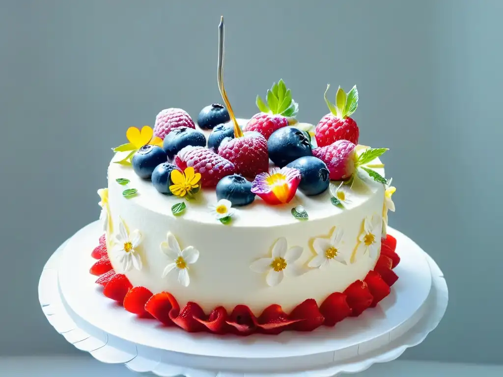 Pastel de cumpleaños decadente con bayas y flores Un lujoso pastel de cumpleaños decorado con frutas frescas y flores comestibles, ideal para fiestas