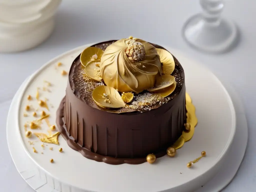 Un lujoso trufa de chocolate infundido con aceite de trufa, decorado con hoja de oro comestible, sobre fondo blanco