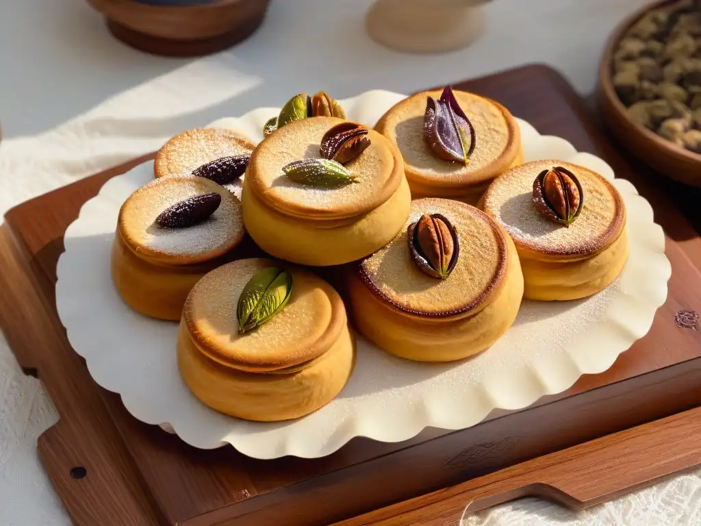 Maamoul galletas rellenas tradicionales en plato de madera rústico, con diseño elaborado y color dorado, evocando calidez y nostalgia