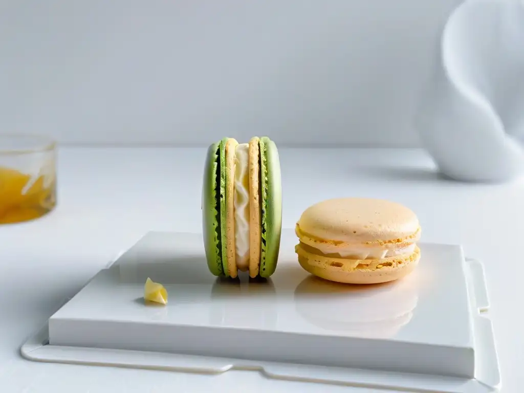 Preparación casera de macarons: Detalle de un macaron horneado perfectamente en un plato blanco, destacando su elegancia y sofisticación