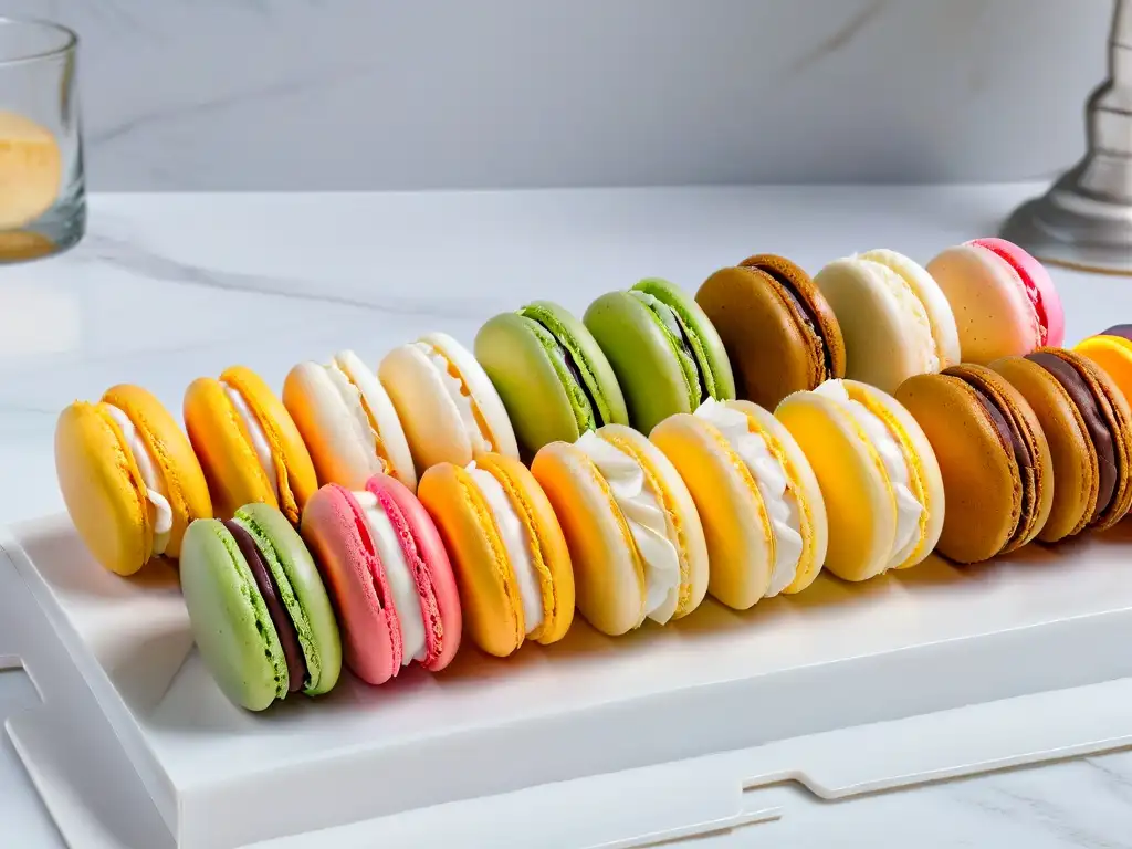 Preparación casera de macarons: Detalle de macarons coloridos perfectamente horneados sobre encimera de mármol blanco