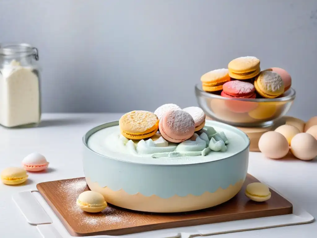 Preparación casera de macarons: Encantadora escena de cocina con ingredientes frescos y utensilios brillantes sobre una elegante encimera de mármol