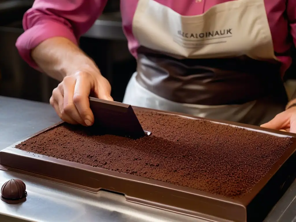 El maestro chocolatero vierte con destreza el chocolate fundido en un molde, creando una tableta gourmet artesanal