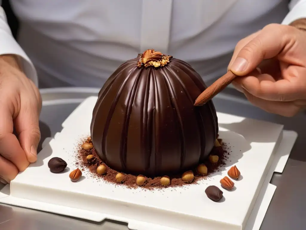 Escultura de cacao: arte en manos expertas Un maestro chocolatero experto crea una delicada figura de chocolate en forma de cacao, mostrando arte y precisión