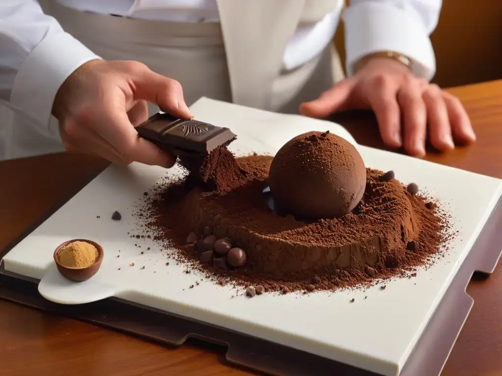 Un maestro chocolatero experto utilizando técnicas avanzadas en chocolatería para crear un exquisito trufa de chocolate gourmet