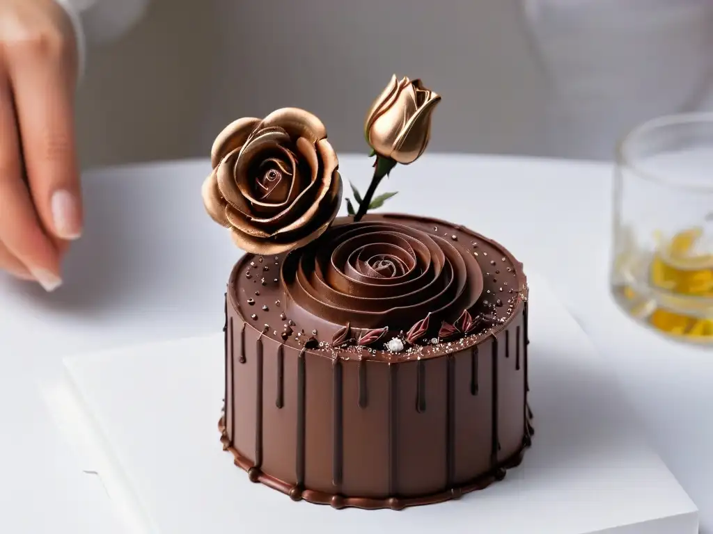 Esculpiendo una rosa de chocolate con maestría: arte y precisión Un maestro chocolatero esculpe una rosa de chocolate con manos expertas