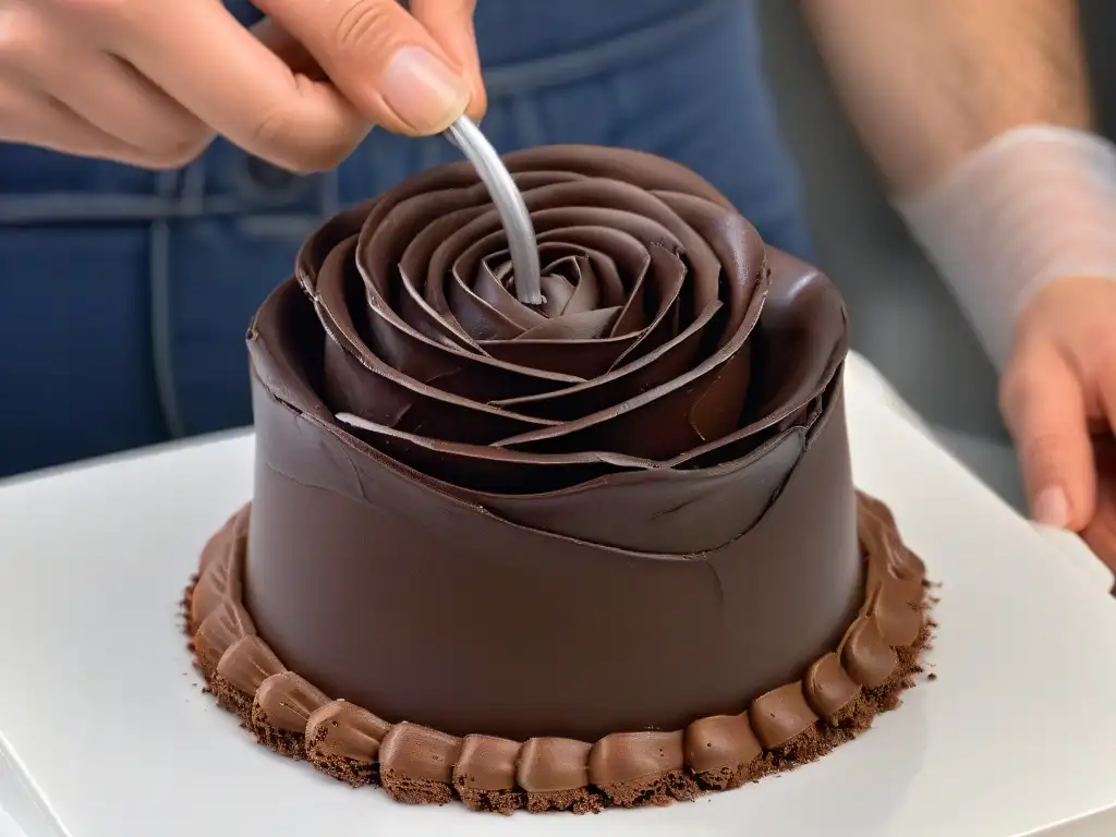 Un maestro chocolatero esculpe una rosa detallada en chocolate oscuro, destacando las técnicas avanzadas en chocolatería