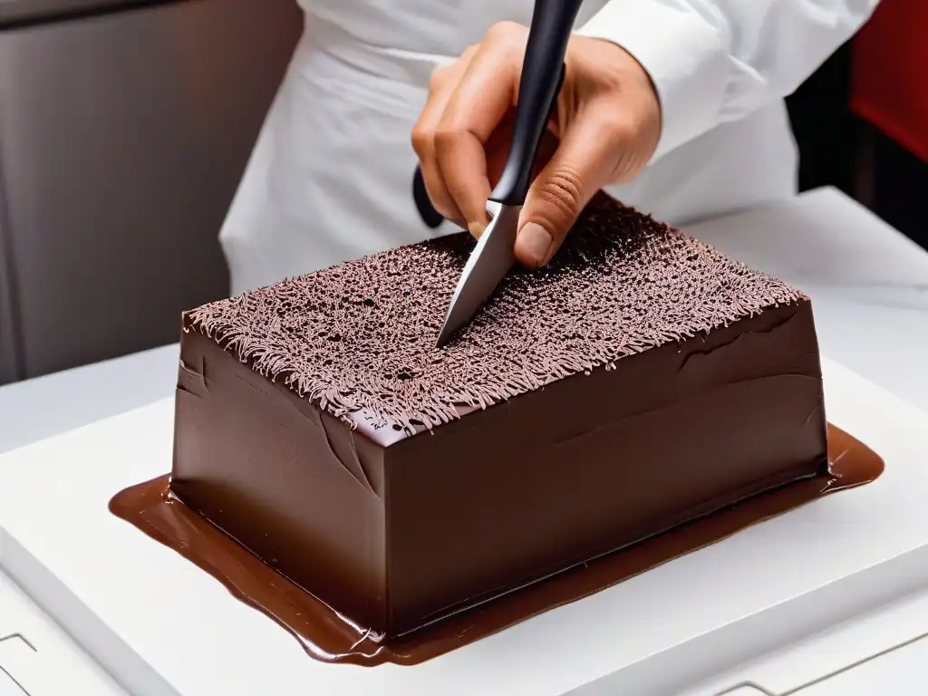 Un maestro chocolatero talla con precisión un bloque de chocolate brillante, destacando técnicas texturas chocolate repostería