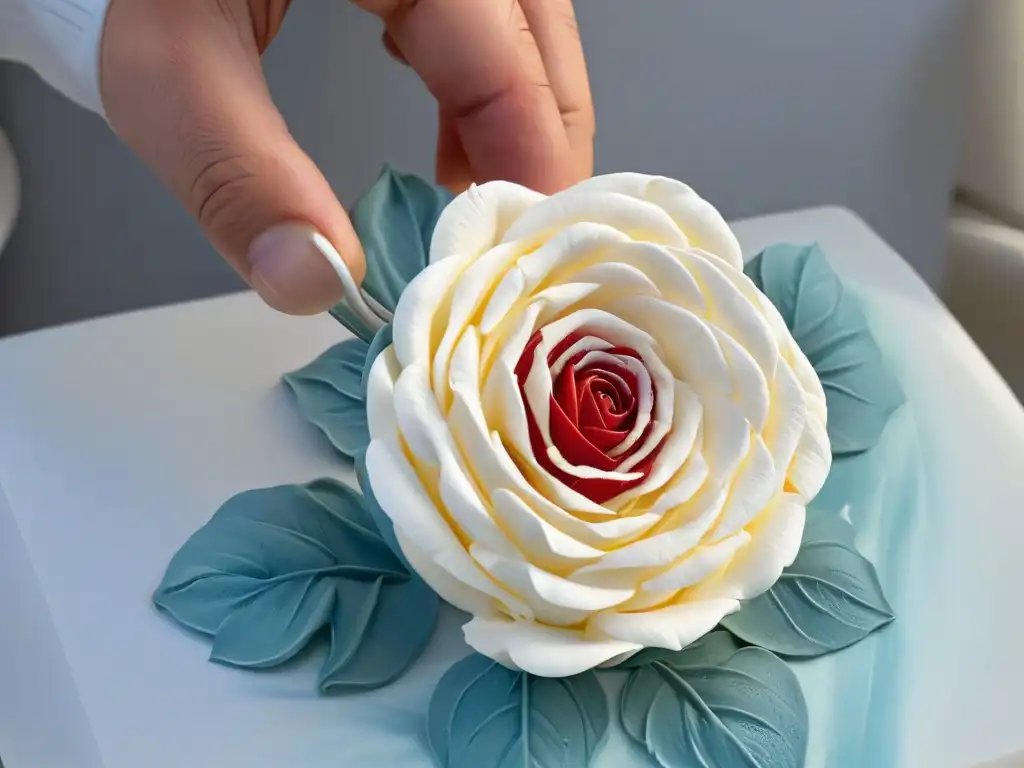 Un maestro escultor de azúcar moldea con destreza una rosa realista en pasta brillante, destacando la artesanía